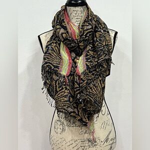 Epice Paris Cotton Silk Brown Leaves Fringe Oversized Scarf